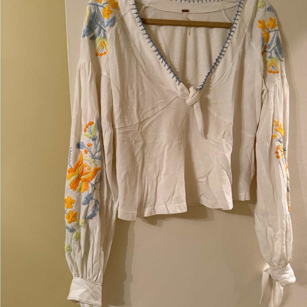 Free People White Blouse with Colorful Embroidery